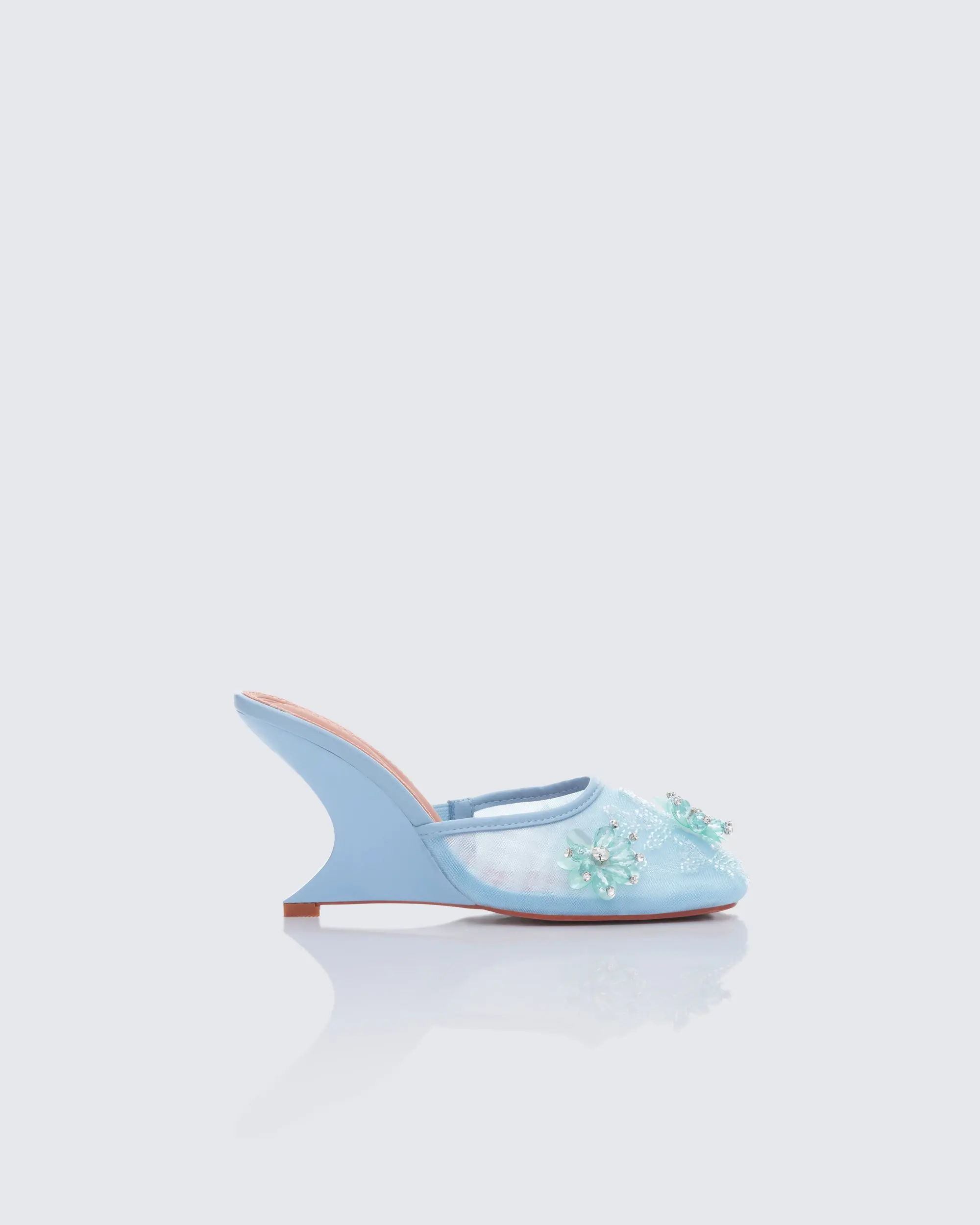 Women's Crystals Decorated Flower Mules with a Pointed Toe, Mesh Open Back Design and a Sculptural Wedge Heel, Polyurethane, Mule Silhouette, Chunky Heeled Wedge Women's Sandals, Colorful Sparkly Women's Sandals