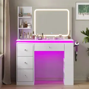 Vanity Desk with Mirror and Lights, Transparent Top Vanity RGB Drawers, 3 Open Storage Shelves,Adjustable Lighting, Power Outlet, Bedroom Makeup Vanity, White.