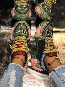 Large Size Women's Colorblock Thick Sole Shoes, Rhinestone Trendy Sports Sneaker Shoes, Casual Mid Top Rubber Sole Textile Upper, All Seasons, Trainer, Rhinestone Embellished Sneakers