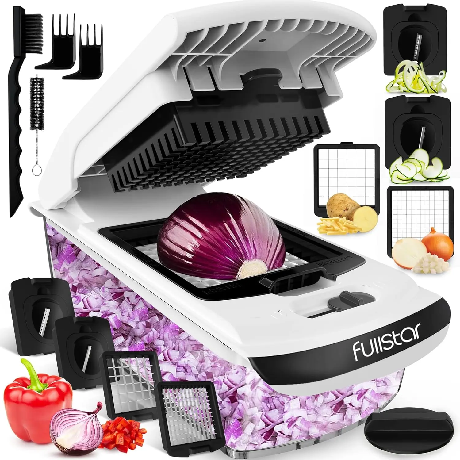 Fullstar Vegetable Chopper and Spiralizer - Food Chopper with Container, Fruit Slicer, Kitchen Gadgets & Accessories, Home Essentials (4 in 1, White) Fullstar