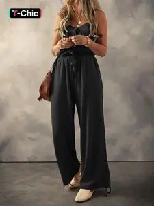 Summer Casual Daily Commute Solid Color Knotted Shoulder Strap Button Textured Adjustable Drawstring Long Pants Jumpsuit, Loose-Fitting Plain Style Womenswear Overalls