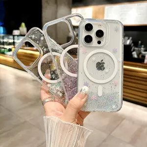 For iPhone 15 Pro Max, iPhone 15 Pro,  - Epoxy Glitter Magnetic Case, Flowing Liquid Glitter, Silver Foil Phone Case