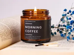 Candle Morning Coffee Wood Wick Candle, Soy Wax Candle in Amber Jar, Coffee Scented Candle Christmas Gift for Coffee Lover