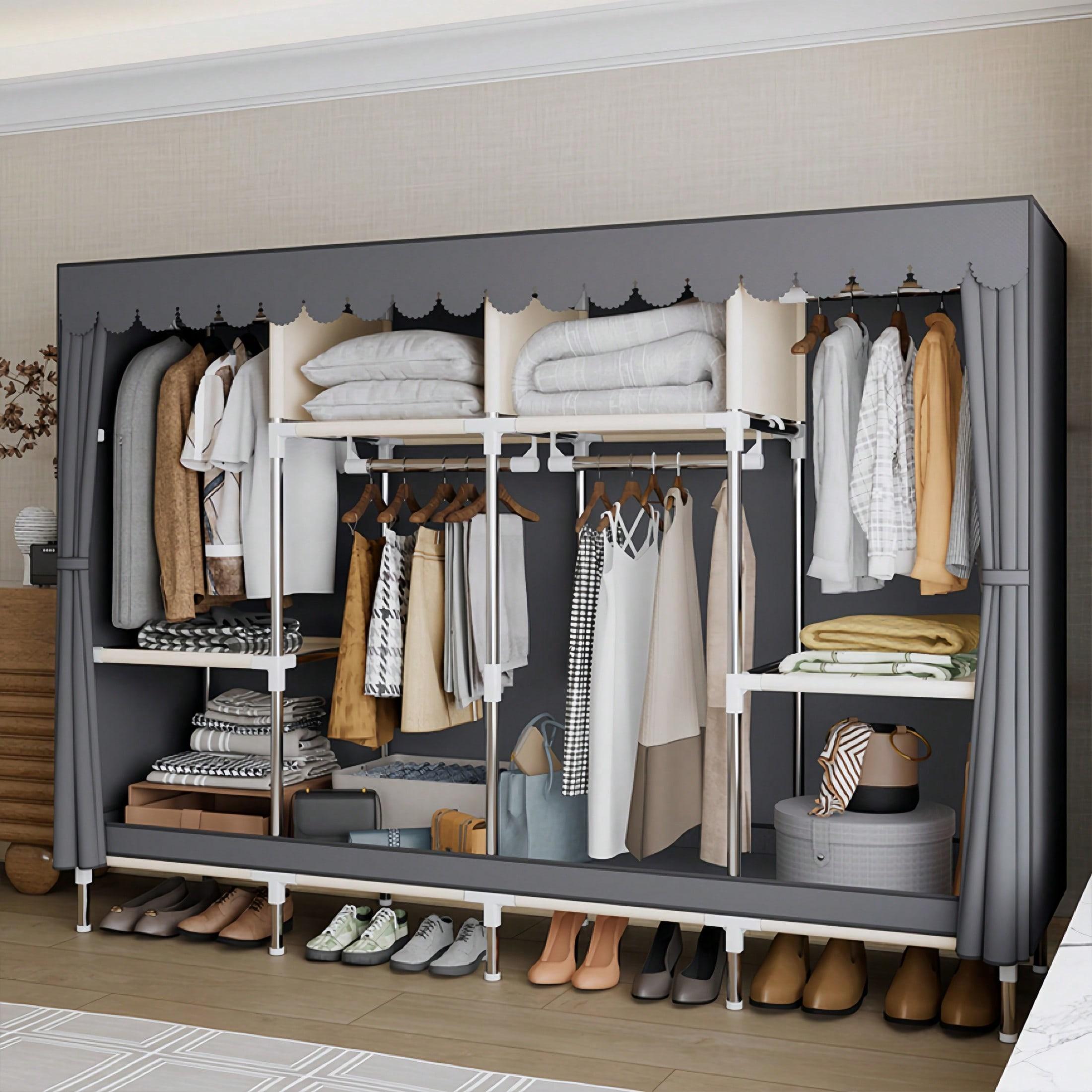Large 78.74in Portable Closet, Dark Gray Peached Fabric Wardrobe with Curtain Doors & 16mm Steel Pipe, Sturdy Multi-Compartment Clothing Organizer for Bedroom & Dorm