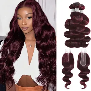 ALHER #99j Dark Burgundy Body Wave human hair Bundles with 2x6 Closure 99j Purplish Wine Red Color 3 Bundles with 4x4 Lace Closure Purplish Wine Red Color 4 Bundles with 4x4 Free Part Closure With Baby Hair