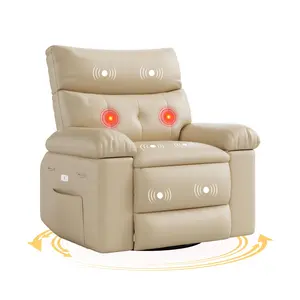 Oversized 360° Swivel Recliner Rocking Chair – Massage & Heat Functions, Remote Control – PU Leather, Cup Holders, Side Pocket – Ergonomic Lounge Chair for Living Room, Nursery, Home Theater – Beige