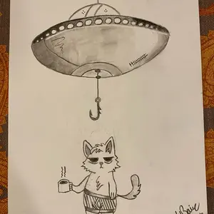 Ufo with cool cat, charcoal 9 x 12