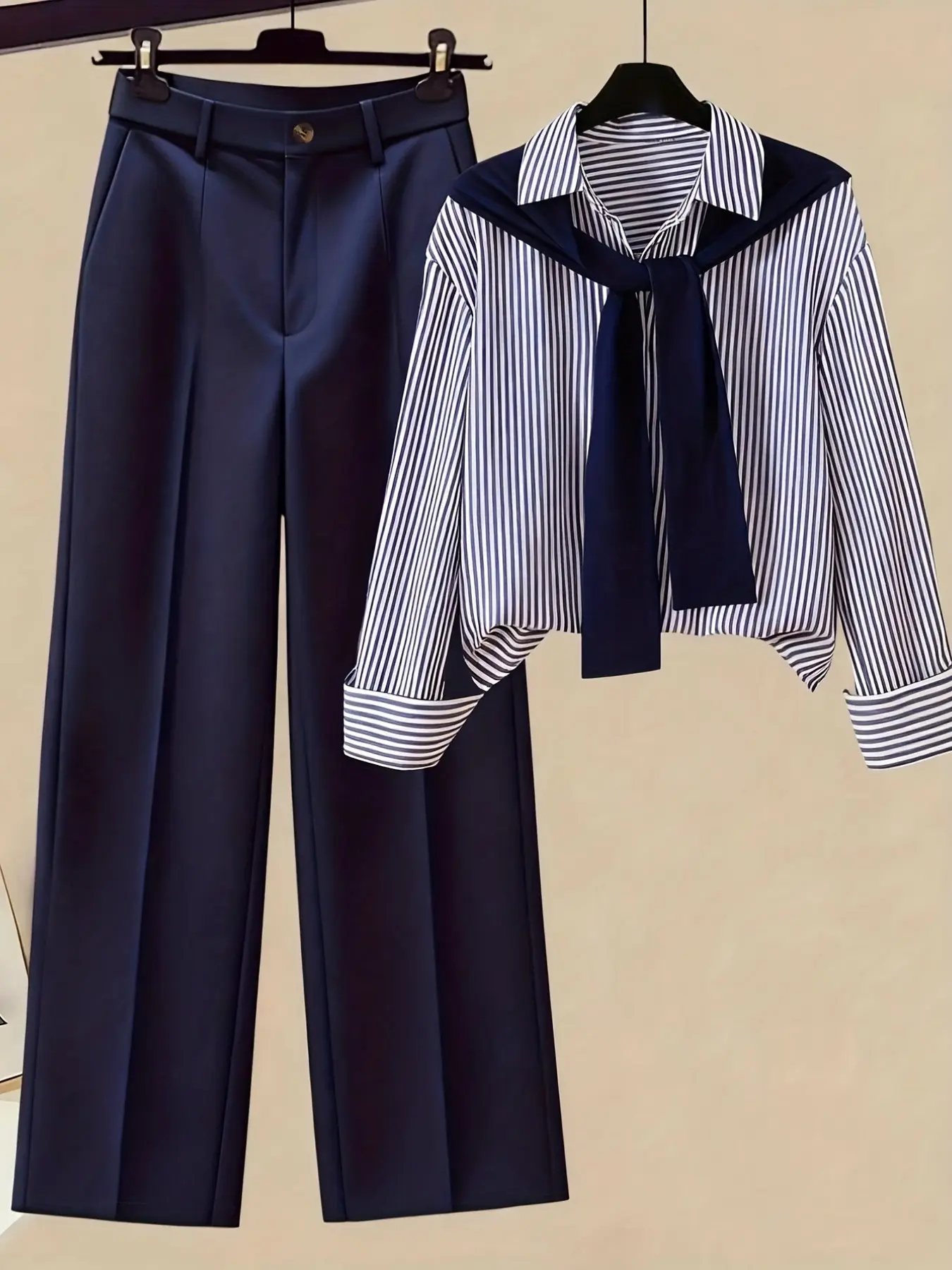 Women's Spring Fall Striped Long Sleeve Shawl Shirt Set, High Waist Flowy Wide Leg Pants Three Piece Set, Casual Office Wear