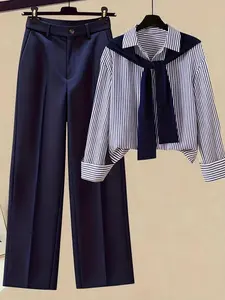 Women's Spring Fall Striped Long Sleeve Shawl Shirt Set, High Waist Flowy Wide Leg Pants Three Piece Set, Casual Office Wear