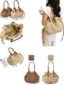 Summer Essential Straw Basket Bag, Leather Accents, Drawstring Closure, Spacious Interior, Perfect for Beach, Picnic, Daily Use, Earthy Colors