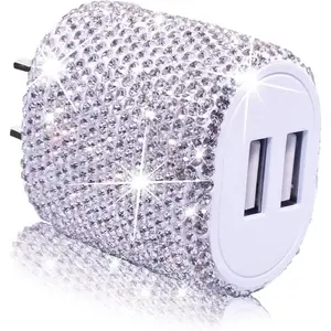 USB Wall Charger Bling 5V/2.4A 24W Dual Port Fast Charger Plug Cell Phone Block Adapter White for iPhone Android Samsung Pad Tablet etc
