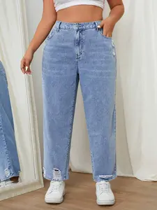 Women's Plus Size Jeans, Ripped Effect, Button Design, Casual Fashion, Daily Wear, All Seasons Women's Plus Size Denim Jeans