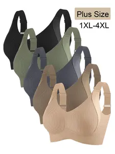 Women's Plus Size Wireless Bras Set of 5, Padded Wide Straps, Sizes 1xl-4xl, Casual Daily Wear, Medium Support, Plain Design