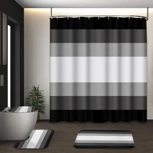 Bathroom Set, Includes Shower Curtain, Toilet Seat Cover, Non-Slip Mat, Modern Gradient Stripes, Abstract Design, 12 Hooks Included