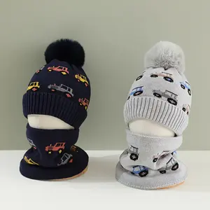 2pcs Boys' Winter Warm Hat & Scarf Set with Truck & Car Winter Adventure Print - Thick Knit Balaclava & Beanie, Elastic Fit for Outdoor Play, Christmas & Thanksgiving Outfits, Cozy Cold-Weather Clothing (Light Grey, Navy, Red, Blue, Black) - Hand Washable