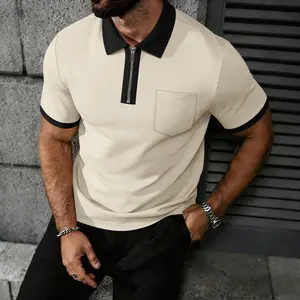 Men's Zip Up Polo Shirt Men's T- Shirt With Chest Pocket Contrast Collar Cuff Waffle Knit Breathable Lightweight Soft Comfortable Durable Casual Versatile Fashion For Young Adult Summer Daily Wear Commute Business
