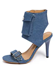 Denim Pocket Stiletto Heel Sandals - Women's Fashion Open Toe High Heels with Metal Buckle