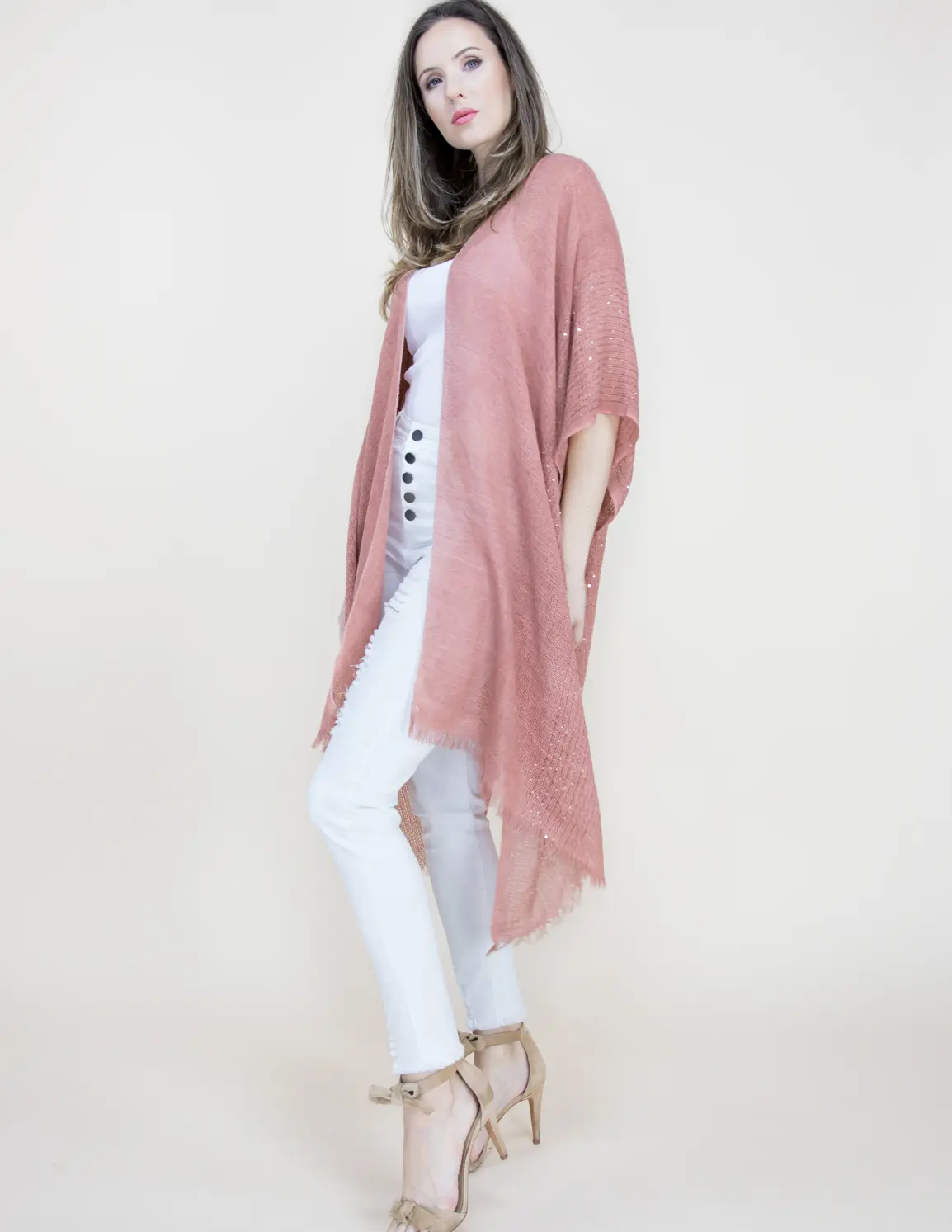 Women's Lightweight Gauze Shimmer Gold Fringe Kimono Wrap - One Size, Chic, Elegant, Loose Kimono Drape, Beach Layer with Sparkle, Layer Over Dresses, Casual Swim Cover Up