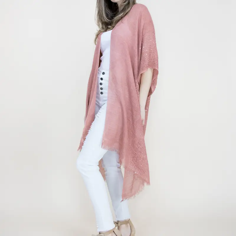 Women's Lightweight Solid Metallic Gauze Open-Front Kimono Wrap Cover Up - 1 Size, Acrylic Weave, Casual, Breathable, Bohemian Glam, Loose Drape, Boho Fringe Sway, Beachwear, Hand Wash Cold, Beach Layer with Sparkle, Beach-to-Evening