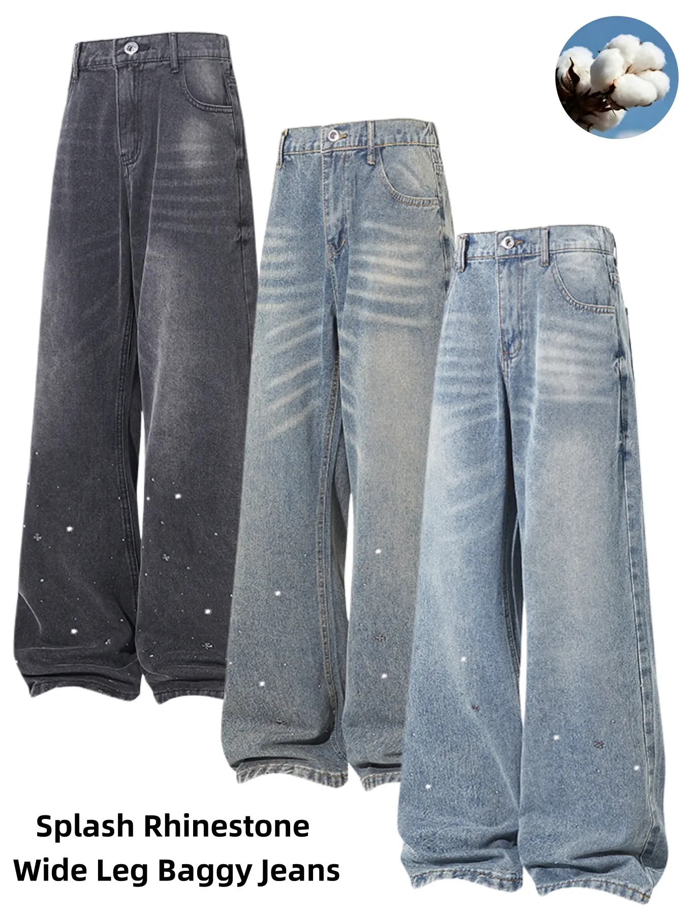 Men's Splash Rhinestone Wide Leg Baggy Jeans, Vintage Washed Scattered Rhinestone Denim Pants, Sparkle Dot Decor Loose Streetwear Trousers, Elastic Back Waist Oversized Grunge Denim Bottoms For Skater Hip Hop Urban Trendy Outfits