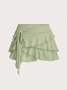 Women's Plain Ruffle Trim Tie Side Skirt, Elegant Fashion Casual Skirt for Daily Outdoor Wear, Ladies Bottoms for All Seasons