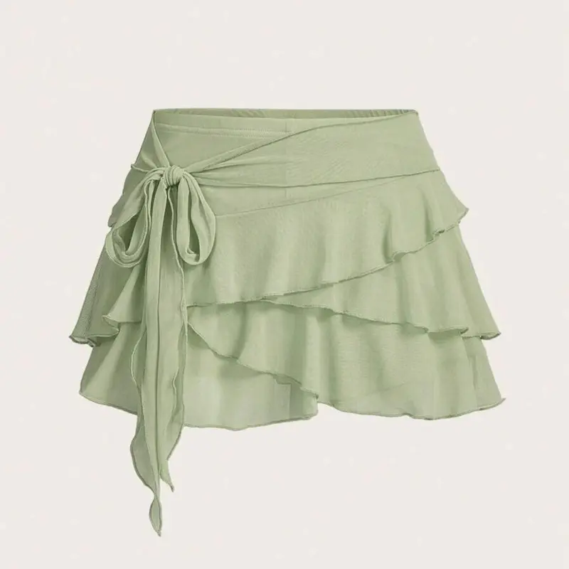 Women's Fashion Plain Ruffle Trim Tie Side Short Skirt, Elegant Casual Skirt for Daily and Outdoor Wear, Ladies Bottoms for All Seasons