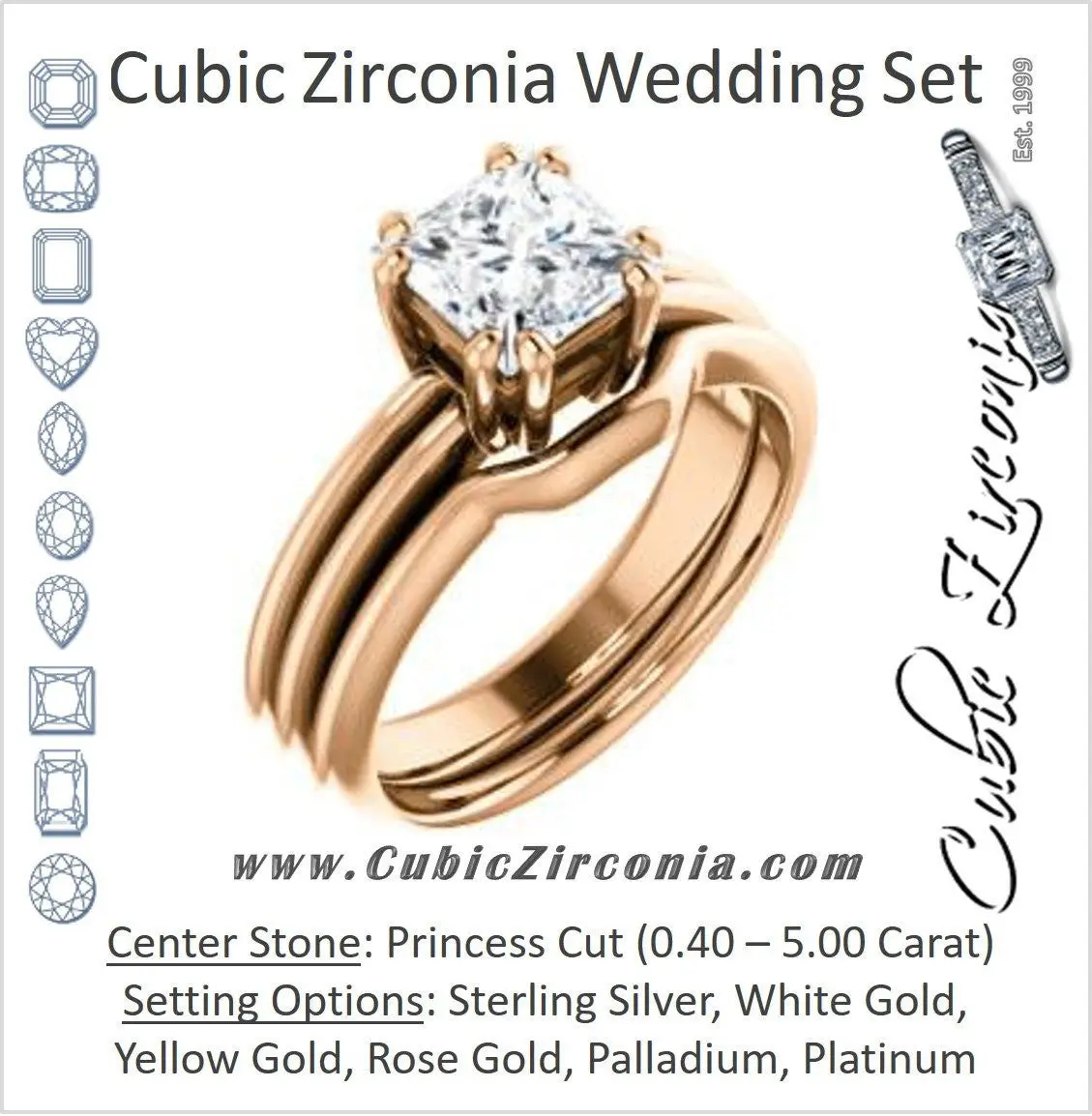 CZ Wedding Set, featuring The Reese engagement ring (Customizable Princess Cut Solitaire with Grooved Band)