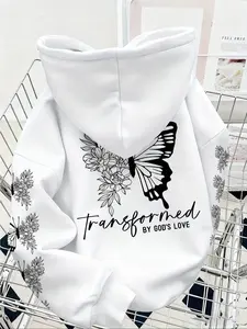 Men's Letter Butterfly Print Fleece Hoodie, Unisex Casual Fit Pullover, Fall & Winter Fashion, Comfortable and Versatile