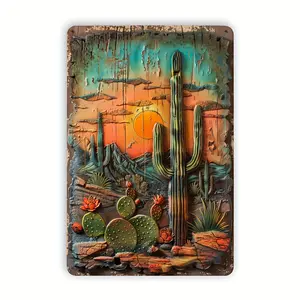 Vintage Sunset Cactus Metal Tin Sign - 3D Embossed Wall Art Decor, 8x12 Inches, Western Desert Scene with Vibrant Colors, Perfect for Home, Office, Cafe, or Bar