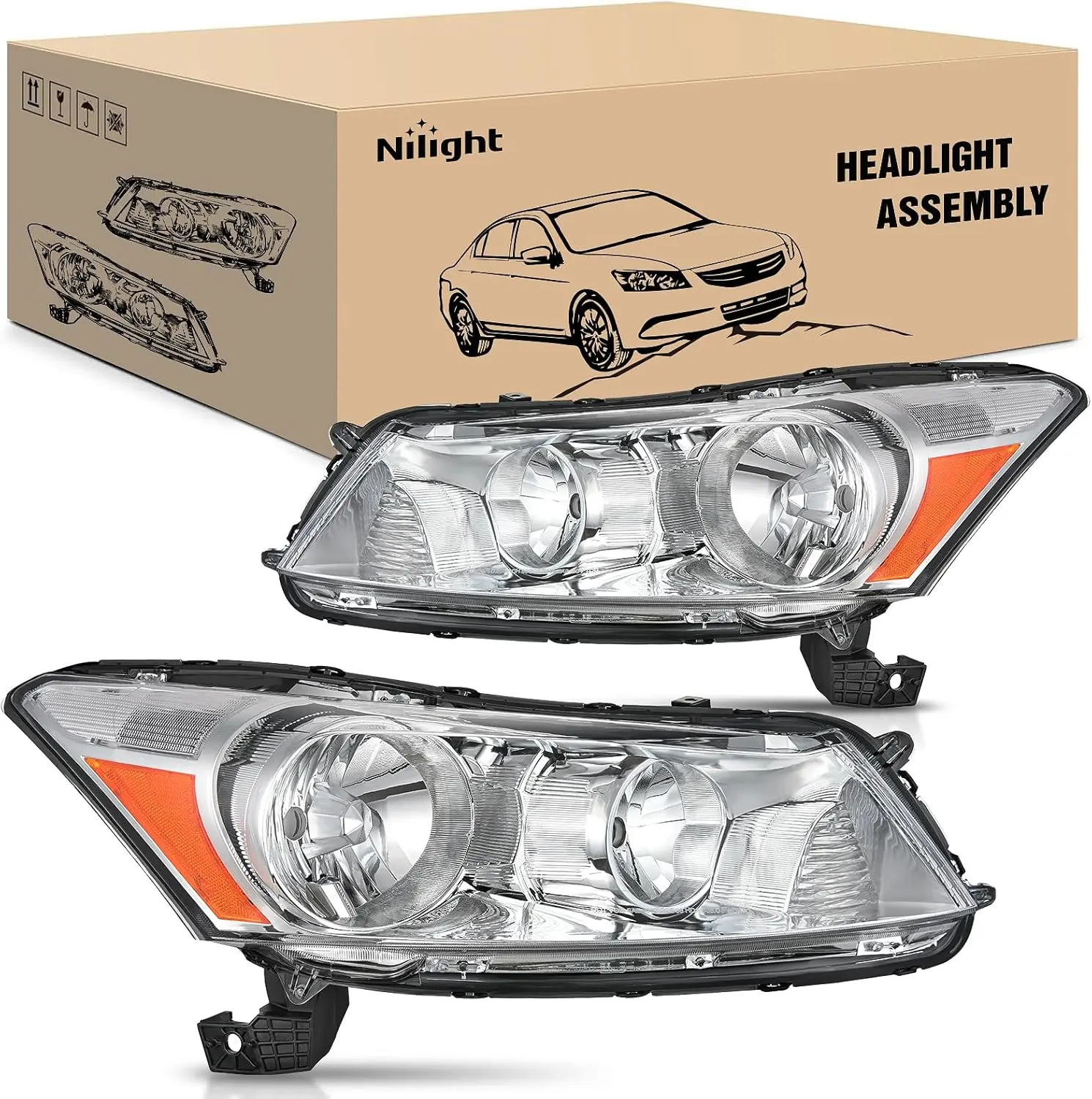 Nilight LED Headlight Assembly - Driver's Side Car Lighting for Honda Accord Sedan 2008-2012, IP65 Waterproof, Brightening, Anti-Fogging, UV Resistant, Beam Angle Adjustable, Chrome Housing with Amber Reflector, Ideal for Night Driving (Set Pair)