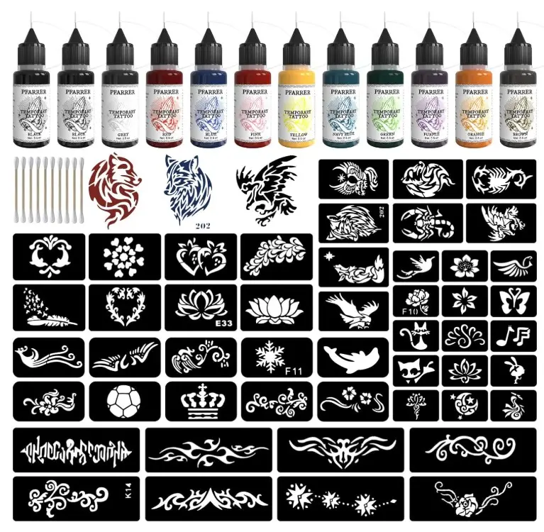 PFARRER Temporary Tattoo Kit12 Bottles Color Temporary Tattoo Ink,49 Big Pcs Stencils Kit for Body Paint DIY Fake Tattoos for Kids(Black*2,Red,Green,Blue,Pink,Grey,Navy,Yellow,Purple,Brown,Orange)