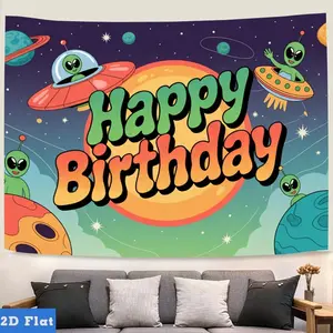 2D Flat, Party Banners 2D Flat Banner, 1pc Polyester Backdrop Outer Space Alien Happy Birthday Banner Planet Themed Kids Space Adventure, for Party Decor Room, Home, Club, Farm, Garden, No Electricity, Easy to