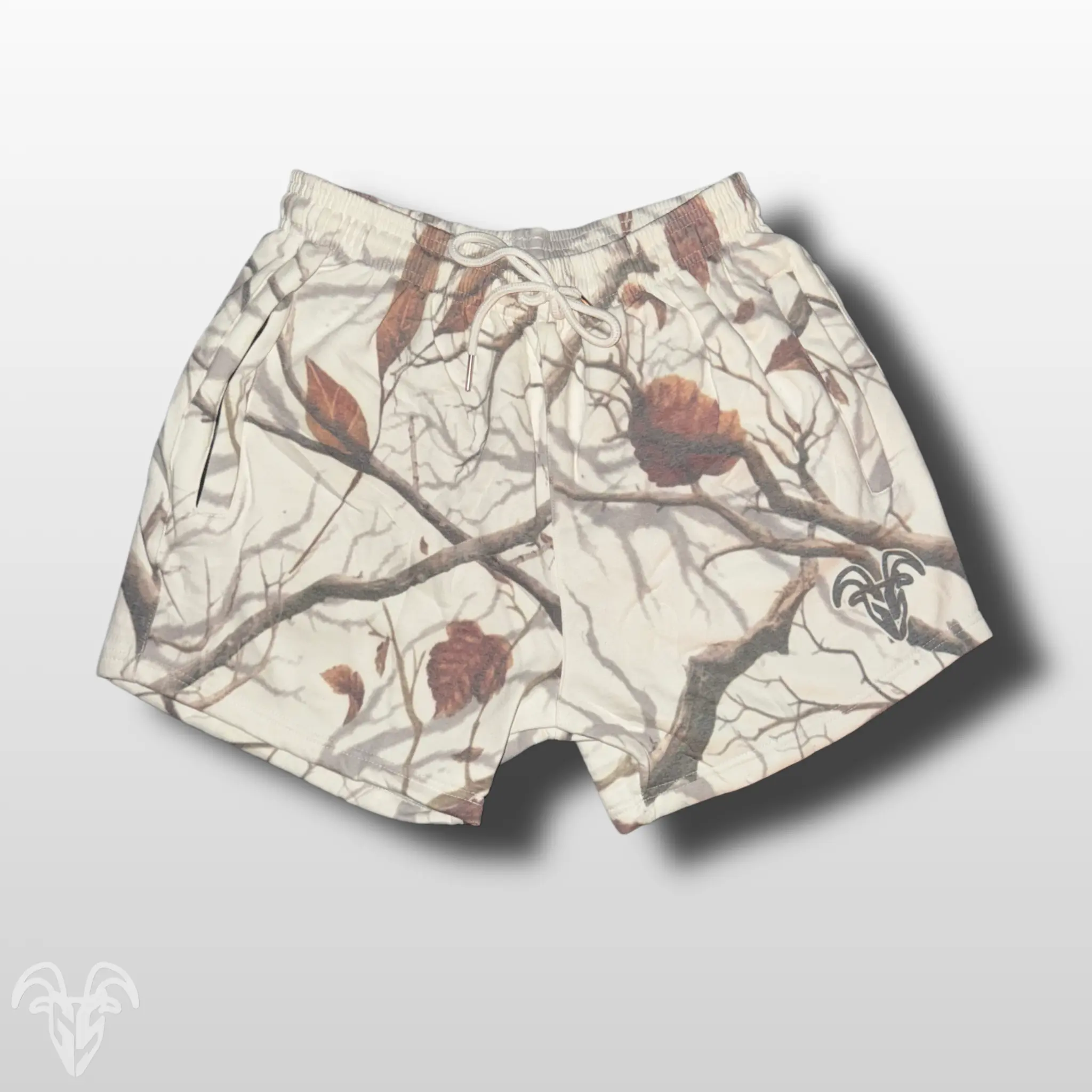 Goat Strength 5 inch inseam arctic Camo Cotton shorts | Snow Camo gym shorts | realistic white Camouflage athletic shorts - Zipper pockets