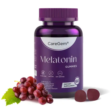 CareGem 5mg Melatonin Chewable Aid Sleep Supplements - 60 Pieces (30-Day Supply), Drug-Free, All-Natural Grape Flavor, Botanical Extracts (L-Theanine, Ashwagandha, Valerian Root), Effective Sleep Regulation for Adults, Soothing Dietary Supplement