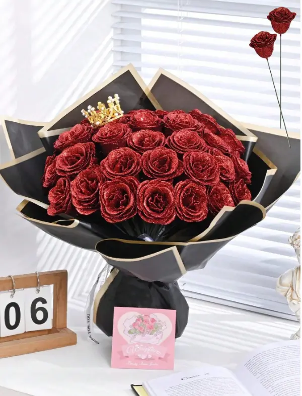 Glitter Artificial Rose Bouquet Set – 1/6/12/20PCS Faux Red Roses with Wrapping Paper, DIY Floral Bouquet Kit for Wedding, Anniversary, Valentine's Day, Home Decoration & Gift (do it yourself)
