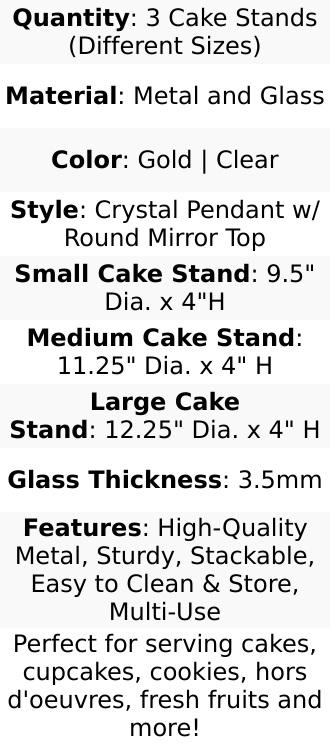 Set of 3 Gold Metal Crystal Pendant Cake Stands with Mirror Top, Stackable Round Dessert Display Trays - 9",11",12"