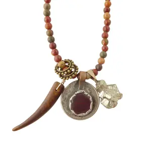 Polychrome jasper stone beads, wood horn, red glass and vintage silver coin, and pyrite stone pendant charm boho bohemian necklace