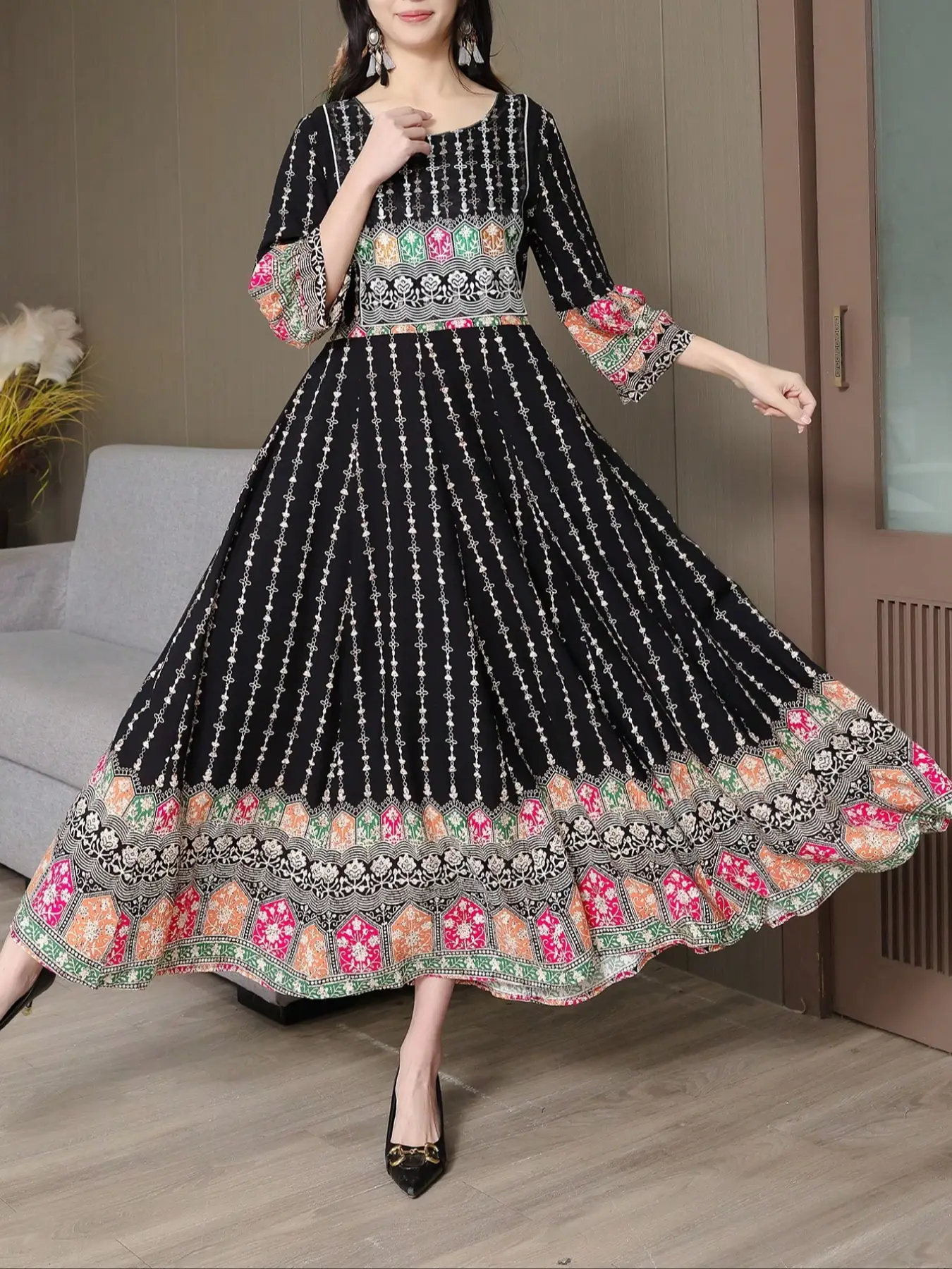 Boho Style Elegant Long Dress, Ethnic Embroidery Maxi Dress, Vintage Retro Beach Vacation Dress, Plus Size Casual Travel Dress