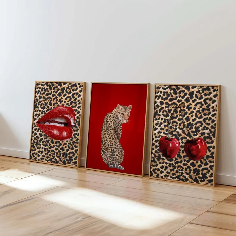 Cheetah cherry posters set of 3 wall art, lips wall art apartment decor, red leopard wall prints, aesthetic chic bedroom