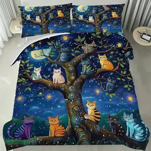 Colorful Cat Tree Down Comforter Set, 3-Piece Bedding Ensemble, Vibrant Cat-Themed Quilt and Sheets, Perfect for Cozy Bedroom Decor, Bedding Sets
