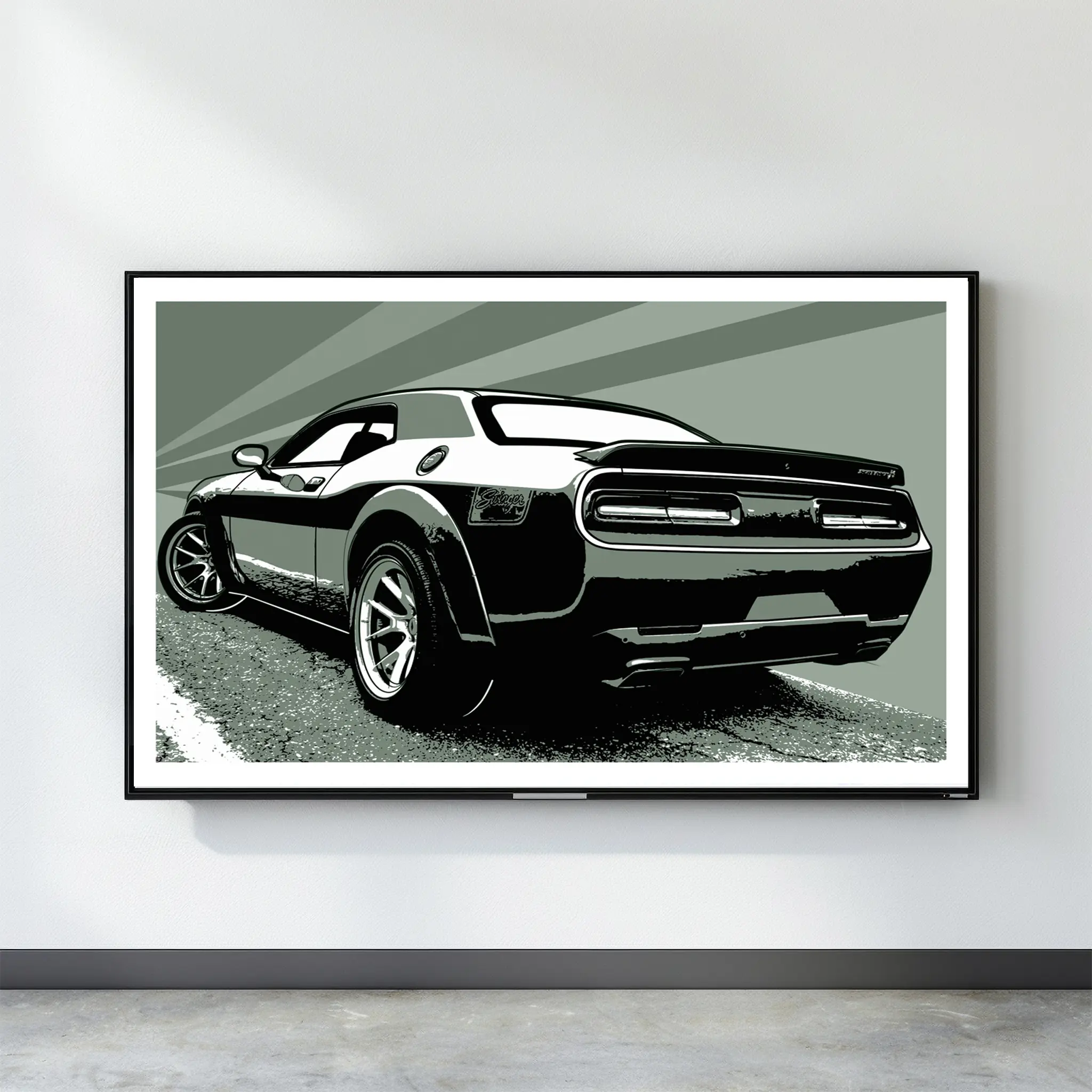 Dodge Challenger Hellcat Poster – Modern Muscle Car Wall Art, Rear View Auto Print for Garage, Office, or Man Cave Decor