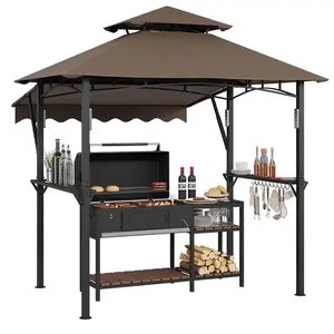 9' x 5' Grill Gazebo Canopy with Extra 7' x 3' Awning, Heavy Duty Steel Frame, Double-Tiered Outdoor Grill Canopy with Shelves, 10 Hooks & LED Lights for Patio BBQ Backyard,Coffee