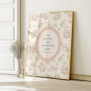 Aglined Girls Christian Nursery Art | Soft Pink Vintage Floral Cottagecore Print | Psalm 139 | Fearfully and Wonderfully Made