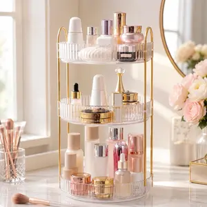360 Rotating Countertop Organizer - 3 Tier Large Capacity Vanity Makeup Holder, Multi-Functional Spinning PET Cosmetic Storage Shelf with Metal Rods, Clear Revolving Toiletry Rack for Bathroom, Dresser