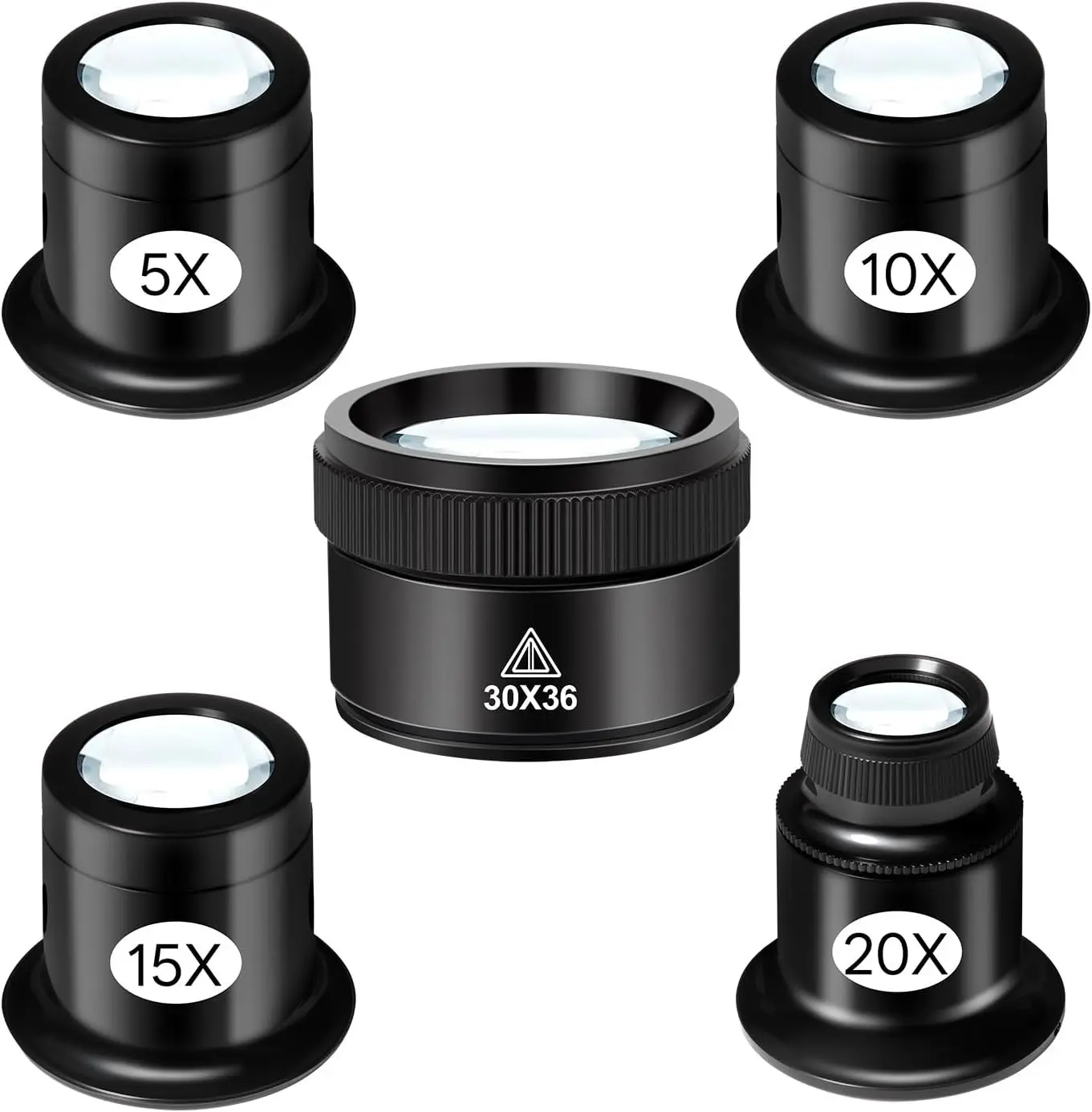5 Pack Jewelers Loupe Magnifier Set, 5X 10X 15X 20X 30X | Glass lenses, Portable eye loupe design, Multiple magnification levels for coins, Stamps, Jewelry, Rocks and small details