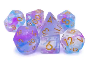 Spotlight Vortex Resin DnD Dice Set 7 Piece Glitter RPG Dice with Purple Blue Nebulae Hues and Golden Numbers for Fair Rolls