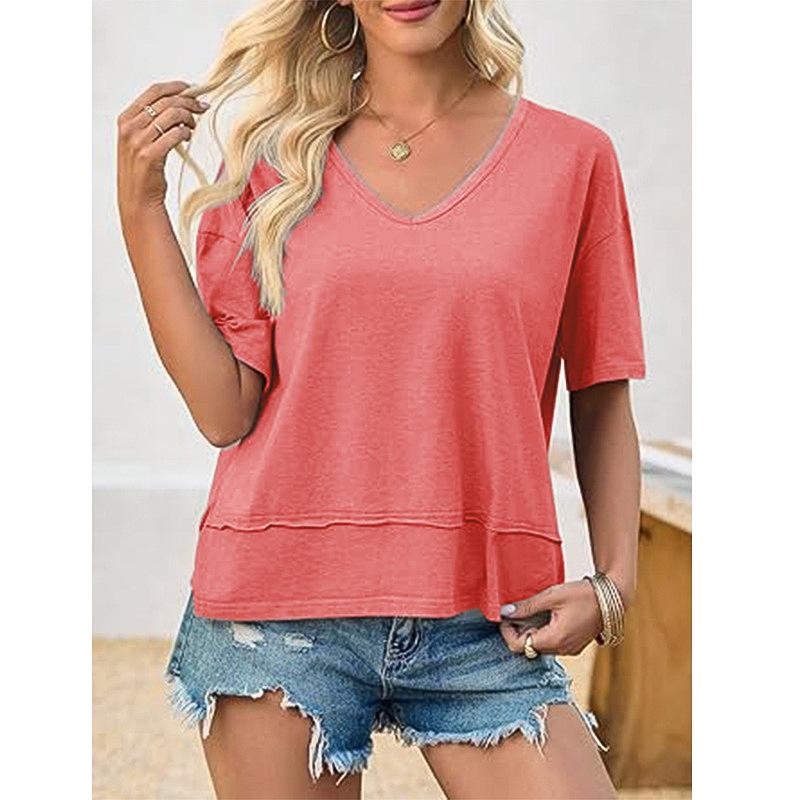 Everyday Style Minimalist Womens Summer V Neck T Shirts Tees  Casual Short Sleeve Flowy Tops Cute Loose Fit Basic