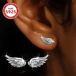 A pair of women's fashion earrings with angel feather wings, light luxury style, 1.12g 925 silver inlaid with synthetic zirconia, suitable for daily wear, parties, vacations, gifts, and beach