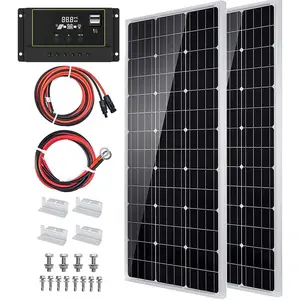 Solar Panel Kit 200(2*100W) Watt 12 Volt Monocrystalline Off Grid System for Homes RV Boat + 30A 12V/24V Solar Charge Controller + Solar Cables + Z-Brackets for Mounting