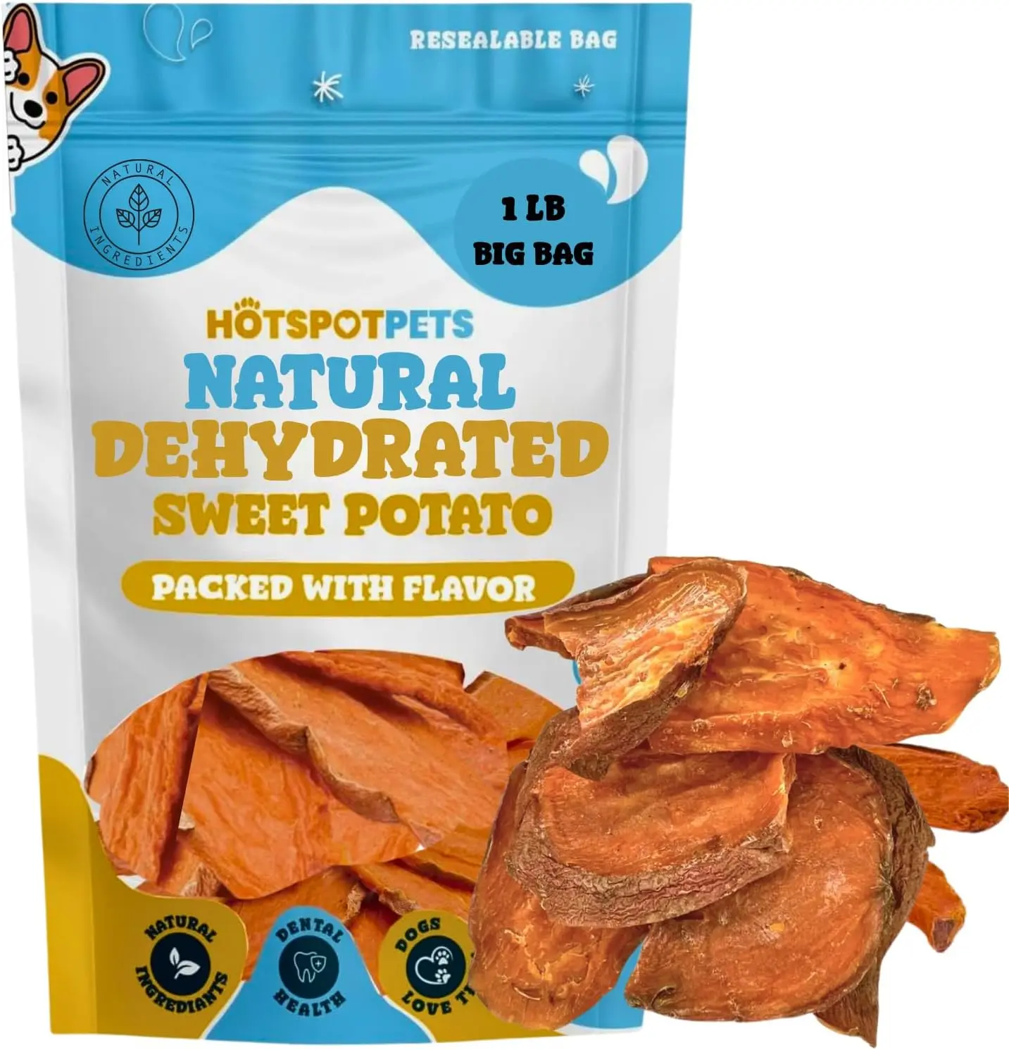 Hotspot Pets Dehydrated Sweet Potato Dog Treats - 1lb All-Natural, High Protein, Low Fat Slow-Roasted Oven-Baked Rawhide Alternative Dog Chews for Training